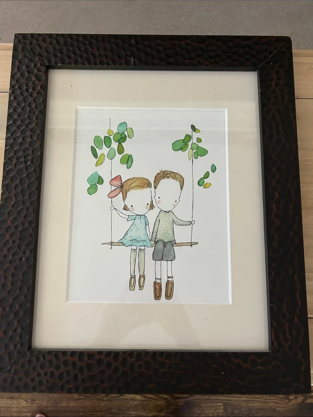 Framed Children on Swing Wall Art - Brown Frame, Green Accents